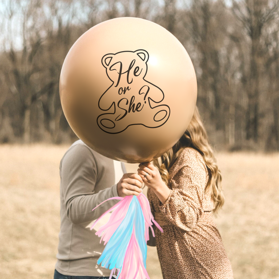 He or She? Baby Teddy Bear Gender Reveal Jumbo Balloon w/ Paper Tassels