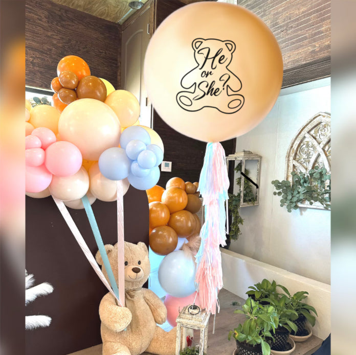 He or She? Baby Teddy Bear Gender Reveal Jumbo Balloon w/ Paper Tassels