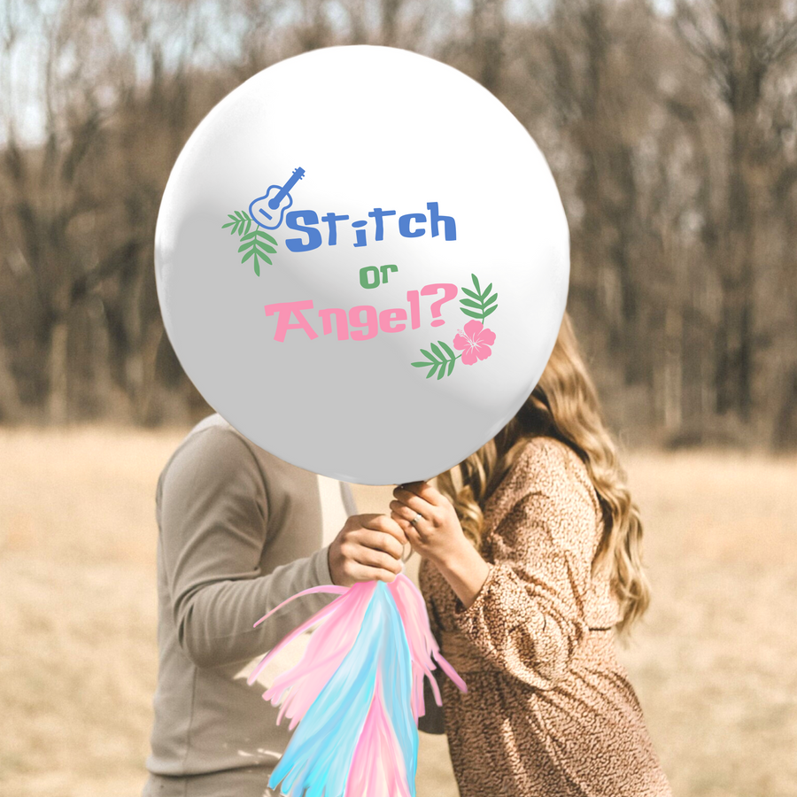 Stitch and Angel Gender Reveal Jumbo Balloon | Boy or Girl : Blue / Pink Confetti and Tassels
